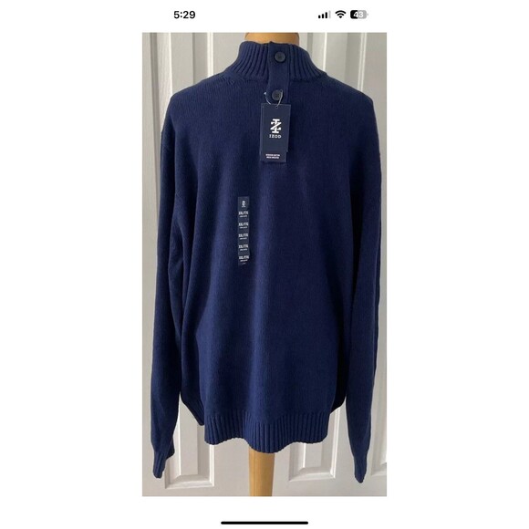 Izod Sweater Mens Size XXL Medieval Blue Hingham Button Mock Neck Sweater NEW - Picture 1 of 9